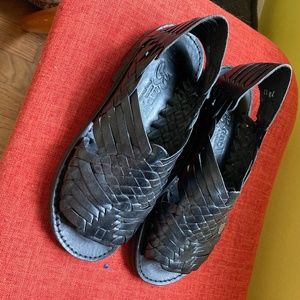 Unworn black leather huarache sandals, 7.5